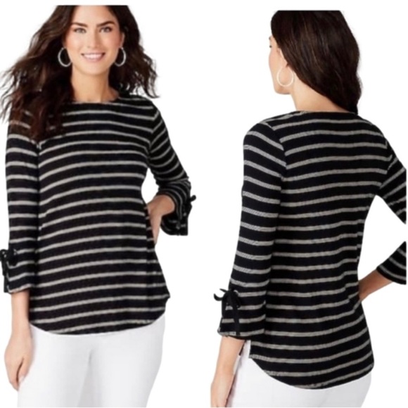 J Jill Pima Tie Sleeve Tee -striped top. Size 1X - Picture 1 of 10